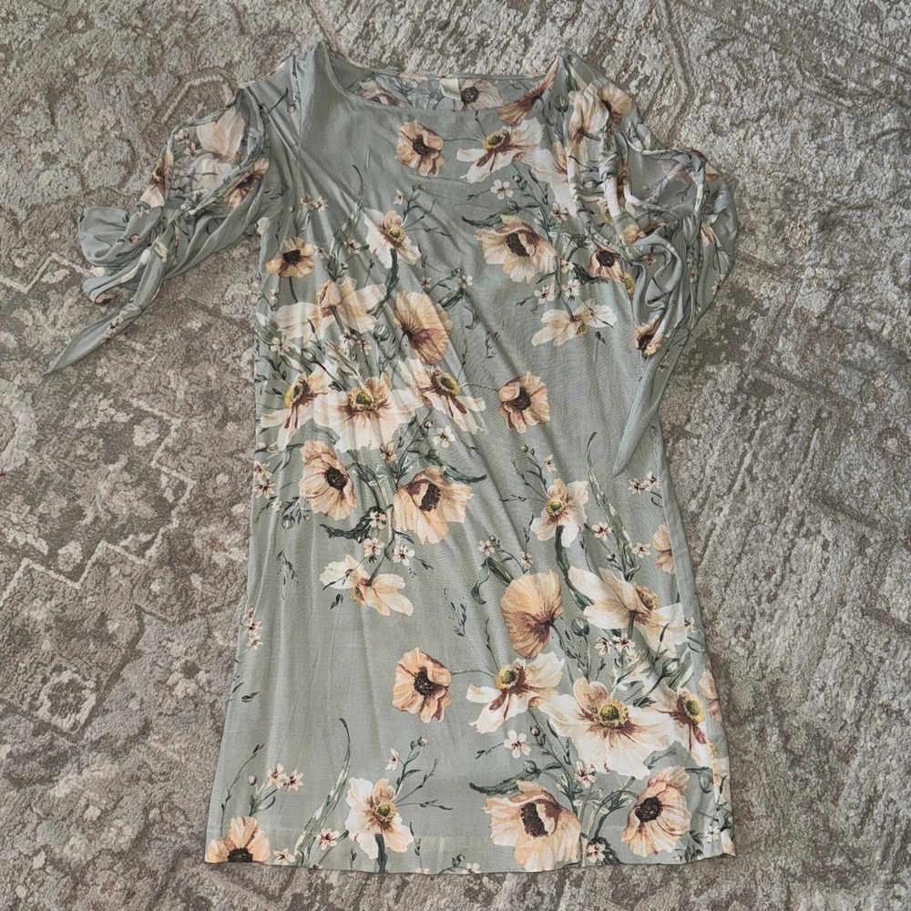 H&M Green Beige Floral Peony Print Dress Size 2‎ NWOT